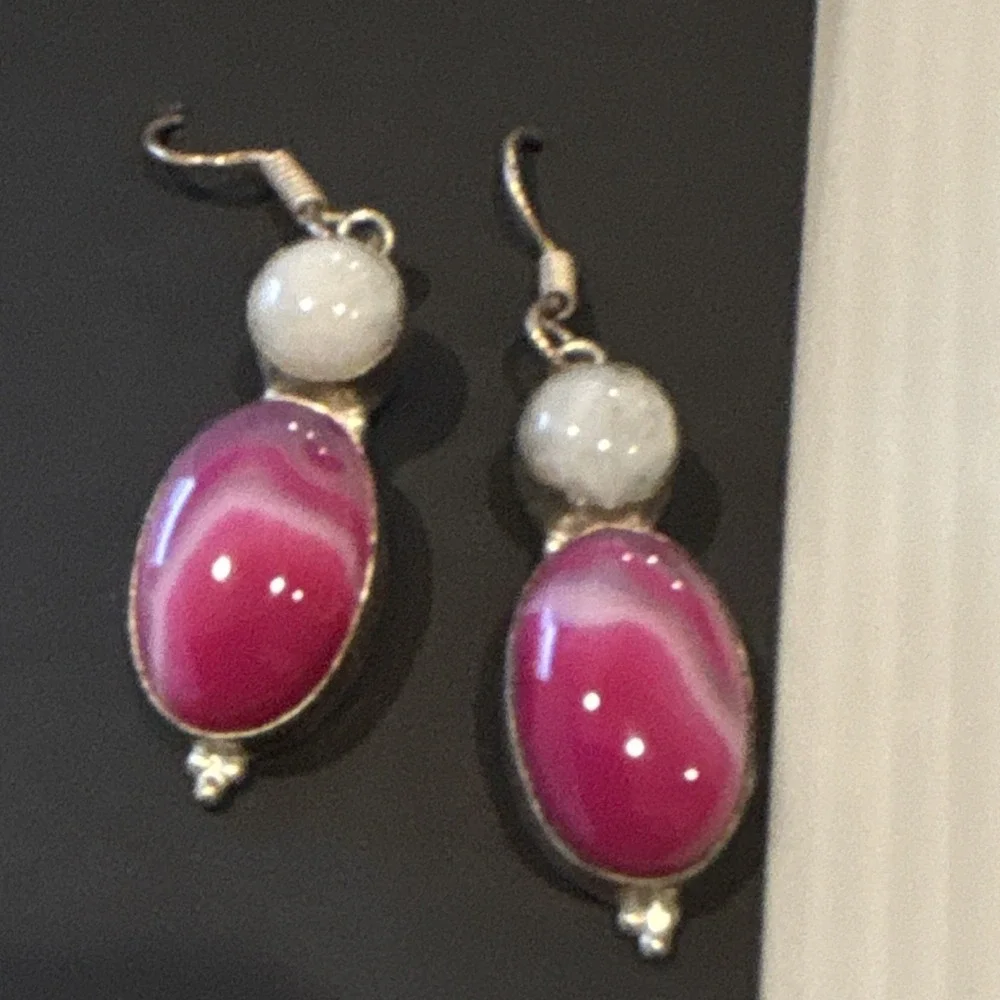 Handcrafted Silver Dangle Earrings Agate Pink White, Rose Quartz and Peridots.